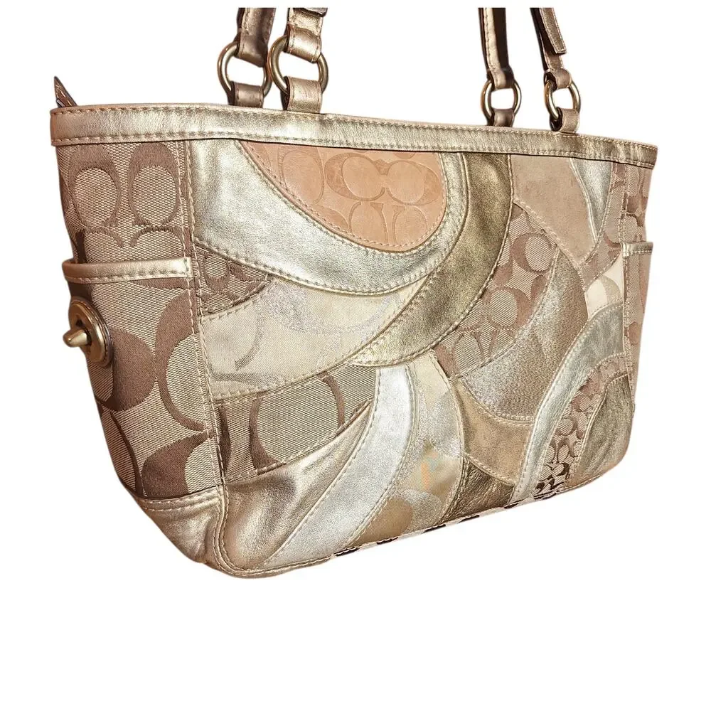 Coach Y2K Vintage Gold Metallic Mosaic Patchwork Signature Tote gold leather